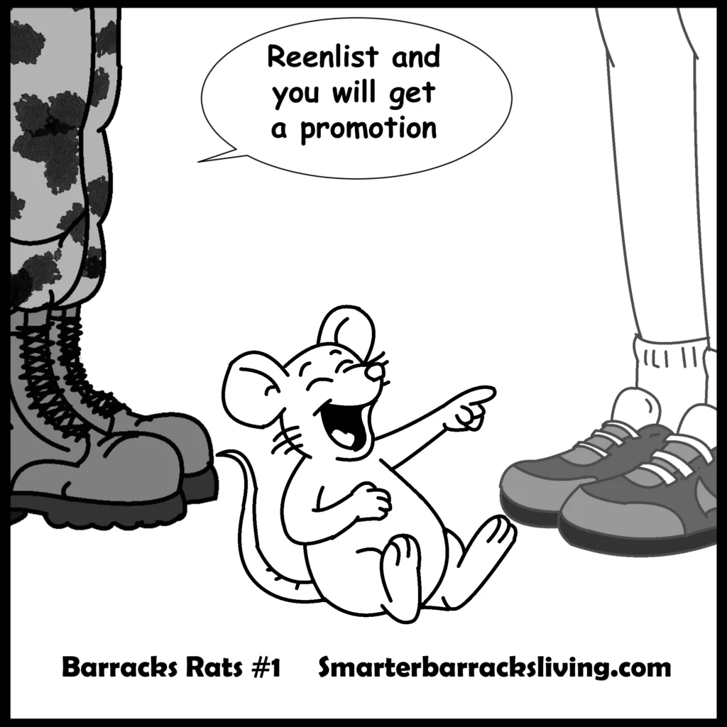 Barracks rat 1. A funny comic about a rat laughing at solders.
