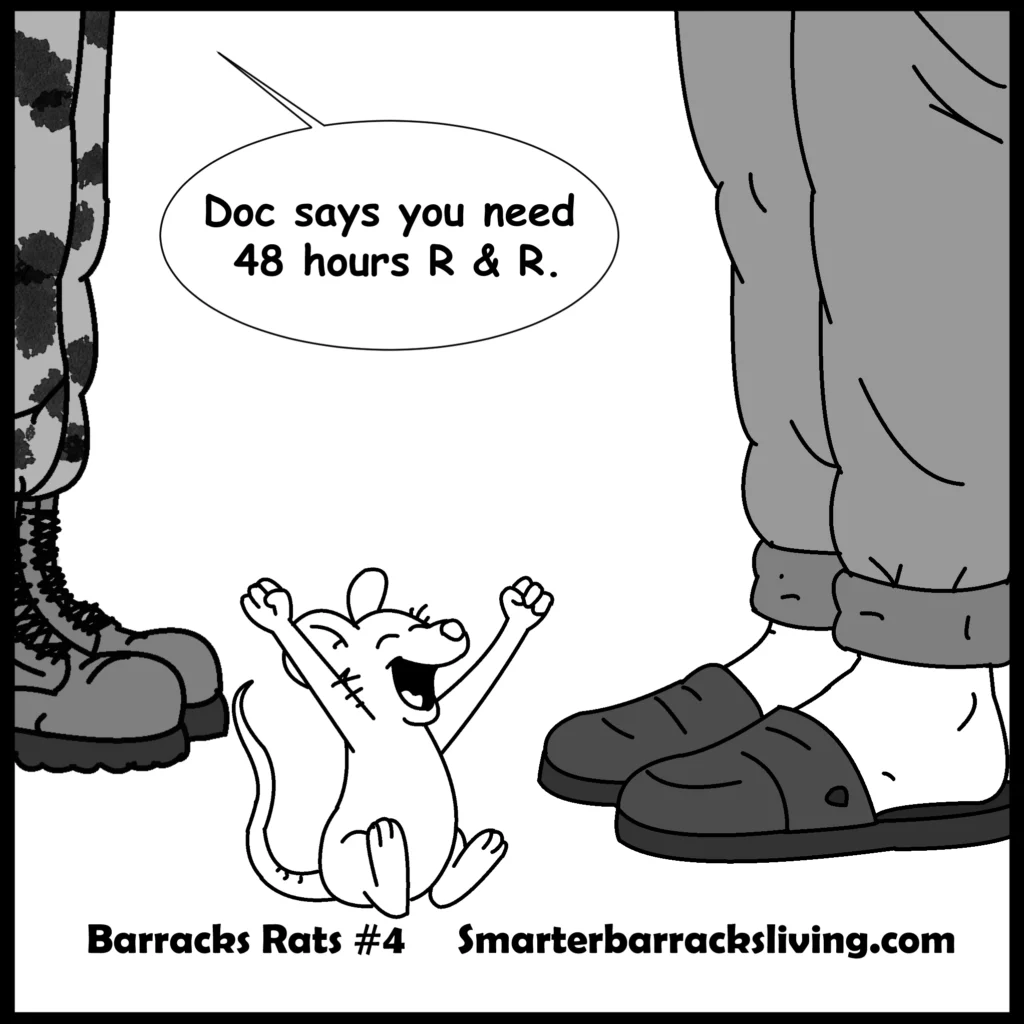Cartoon rat enjoying some time off in this military based comic strip