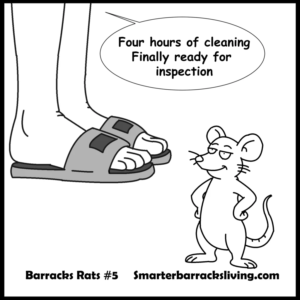 Cartoon rat happy with being ready for an inspection in this military themed comic strip